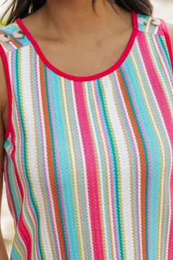 Outlet Dear-Lover Rainbow Eyelet Knit Button Decor Tank Top Rose Stripe
