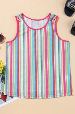 Outlet Dear-Lover Rainbow Eyelet Knit Button Decor Tank Top Rose Stripe