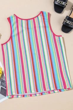 Outlet Dear-Lover Rainbow Eyelet Knit Button Decor Tank Top Rose Stripe