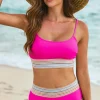 Discount Dear-Lover Striped Patchwork Spaghetti Strap High Waist Bikini Swimsuit Rose