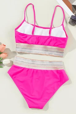 Discount Dear-Lover Striped Patchwork Spaghetti Strap High Waist Bikini Swimsuit Rose