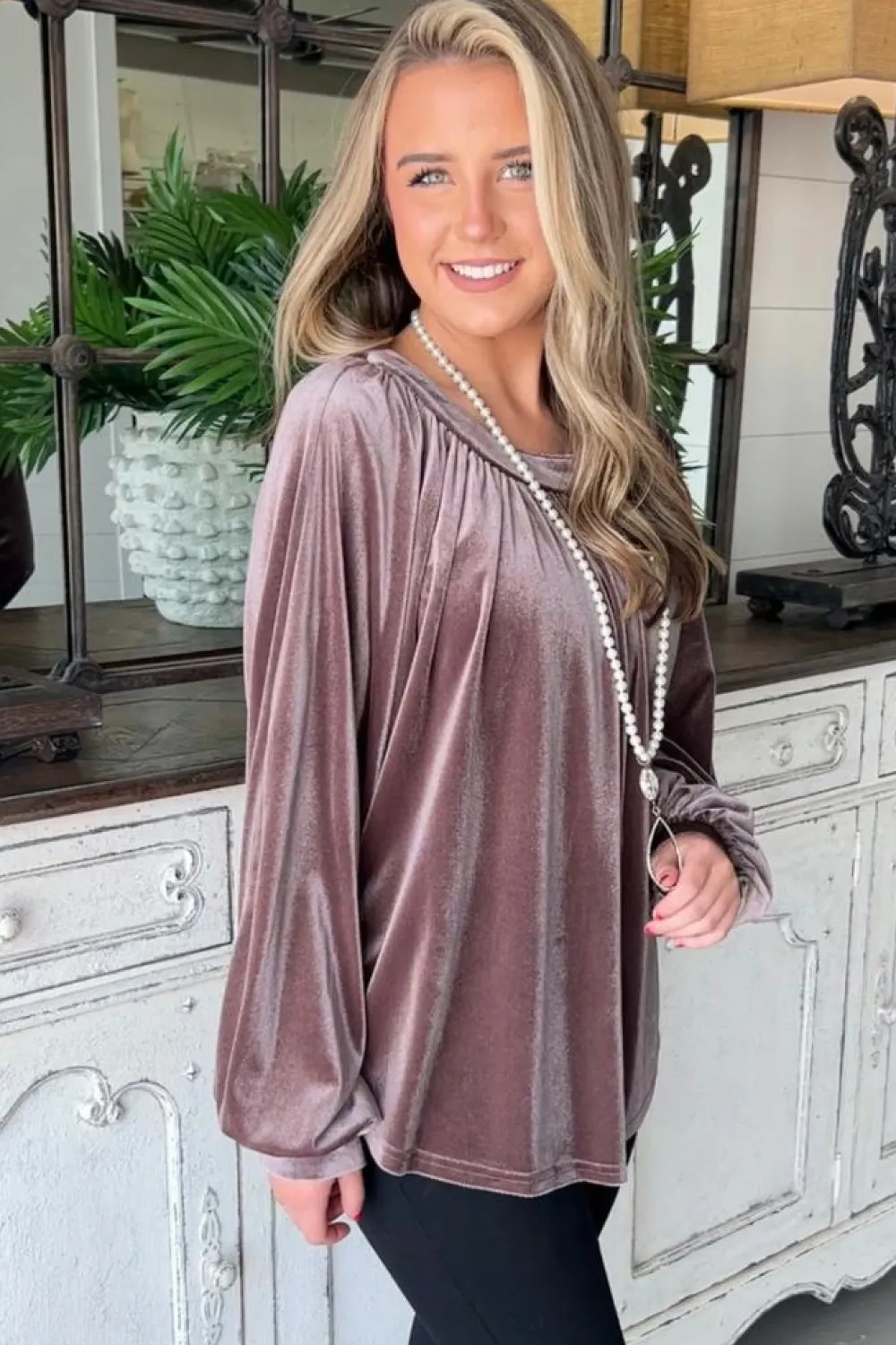 Clearance Dear-Lover Button Keyhole Back Velvet Swing Top Rose Tan