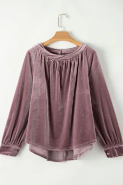 Clearance Dear-Lover Button Keyhole Back Velvet Swing Top Rose Tan