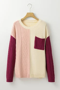 Hot Dear-Lover Colorblock Patched Pocket Drop Shoulder Sweater Rose Tan