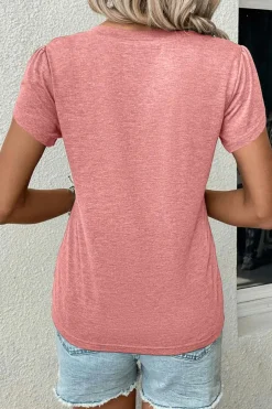 Discount Dear-Lover Fashion Petal Sleeve V Neck T Shirt Rose Tan