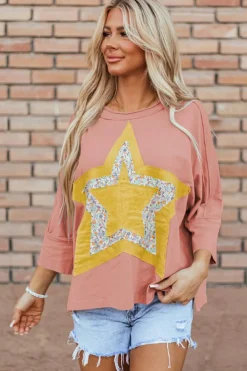 Fashion Dear-Lover Floral Starbust Exposed Seam Mineral Wash Top Rose Tan