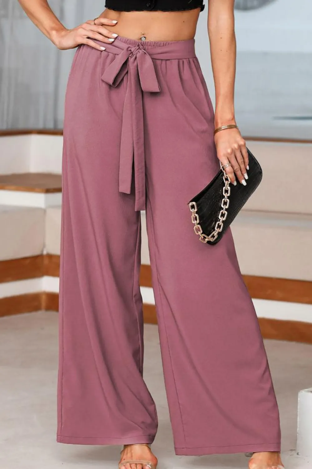 Online Dear-Lover High Waisted Tie Front Side Pocket Wide Leg Flowy Casual Pants Rose Tan
