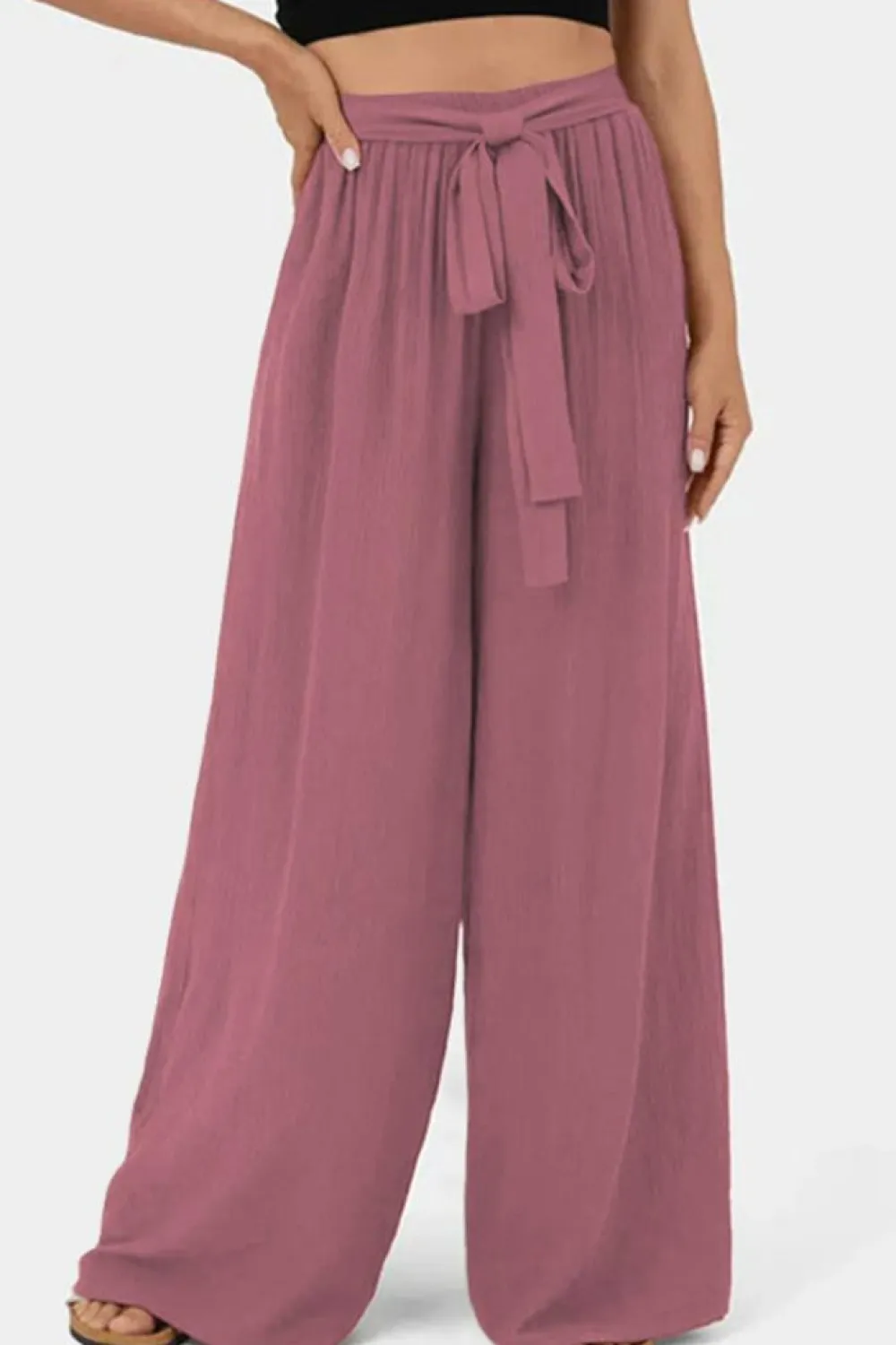 Online Dear-Lover High Waisted Tie Front Side Pocket Wide Leg Flowy Casual Pants Rose Tan