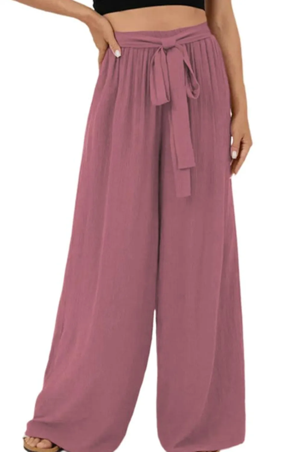 Online Dear-Lover High Waisted Tie Front Side Pocket Wide Leg Flowy Casual Pants Rose Tan
