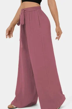 Online Dear-Lover High Waisted Tie Front Side Pocket Wide Leg Flowy Casual Pants Rose Tan
