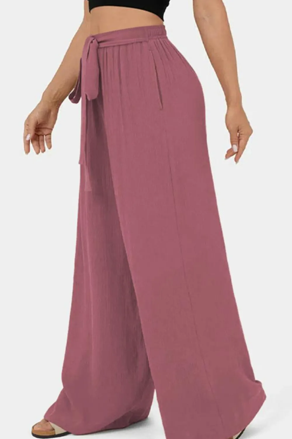 Online Dear-Lover High Waisted Tie Front Side Pocket Wide Leg Flowy Casual Pants Rose Tan