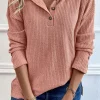 Sale Dear-Lover Rib Textured Henley Knit Top Rose Tan