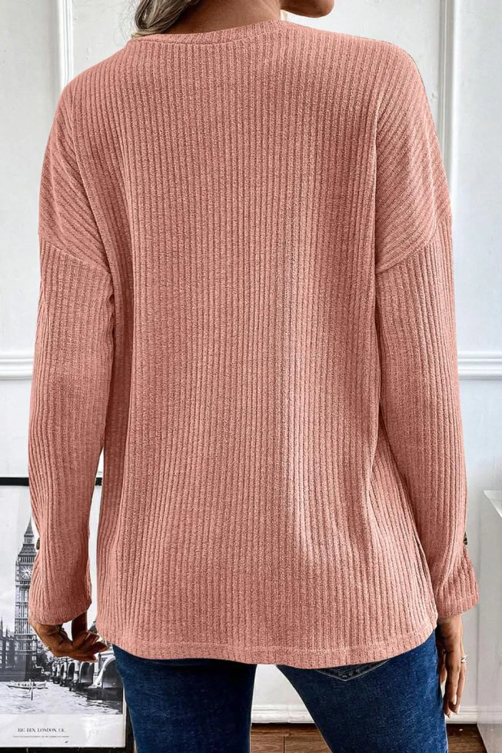 Sale Dear-Lover Rib Textured Henley Knit Top Rose Tan