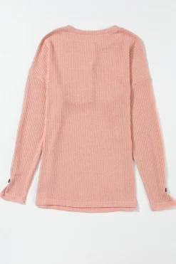 Sale Dear-Lover Rib Textured Henley Knit Top Rose Tan