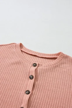 Sale Dear-Lover Rib Textured Henley Knit Top Rose Tan