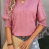 Best Dear-Lover Smocked Puff Sleeve Notched Neck T Shirt Rose Tan