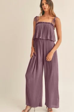 Sale Dear-Lover Solid Self Tied Straps Pleated Wide Leg Jumpsuit Rose Tan