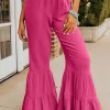 Best Dear-Lover Textured High Waist Ruffled Bell Bottom Pants Rose