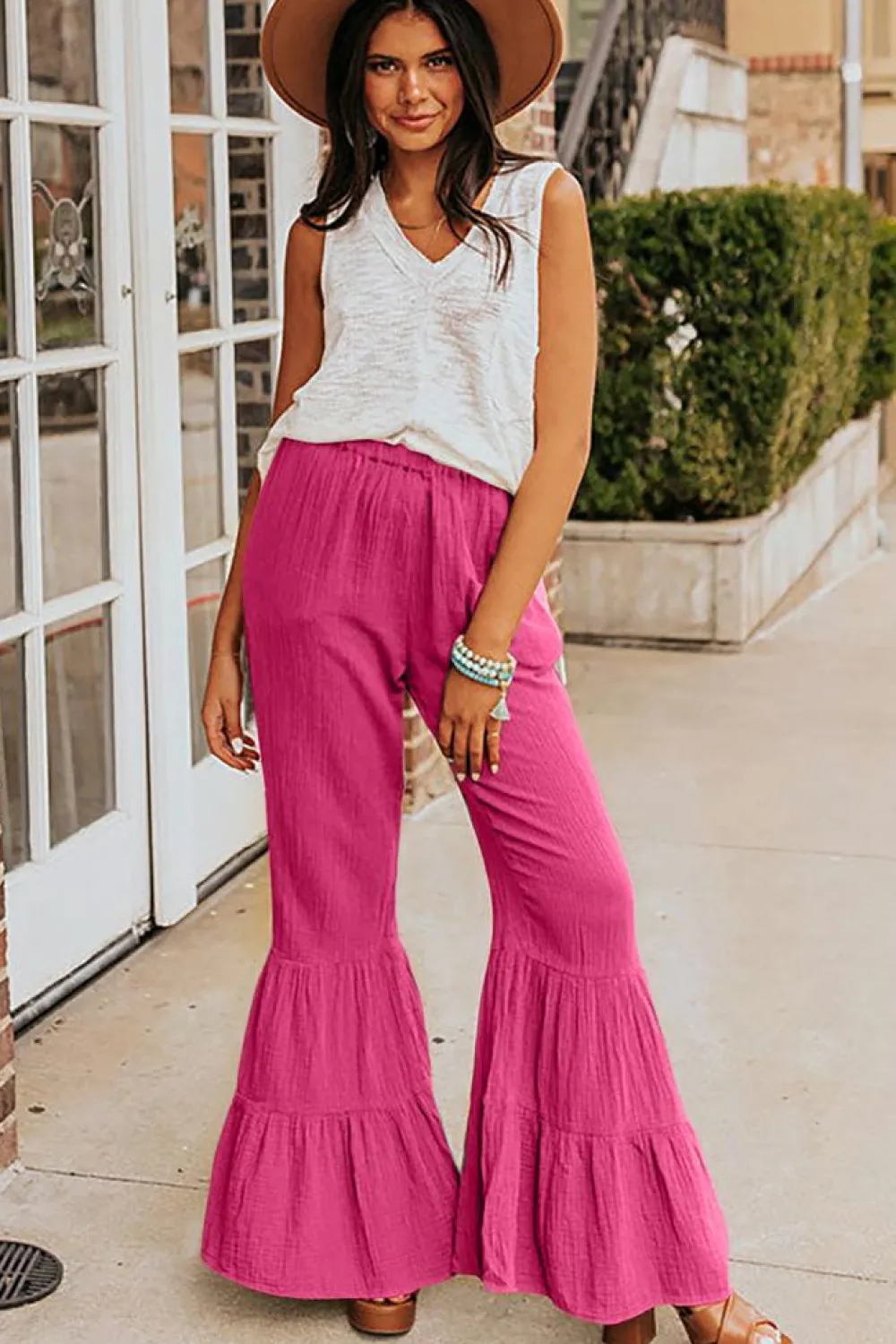 Best Dear-Lover Textured High Waist Ruffled Bell Bottom Pants Rose