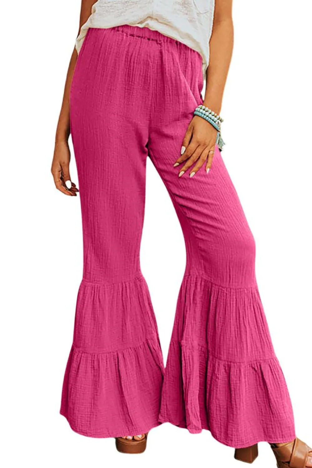 Best Dear-Lover Textured High Waist Ruffled Bell Bottom Pants Rose