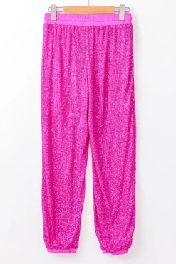 Discount Dear-Lover Tie High Waist Sequin Jogger Pants Rose