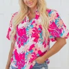 Discount Dear-Lover Tropical Plant Printed V Neck Puff Sleeve Blouse Rose