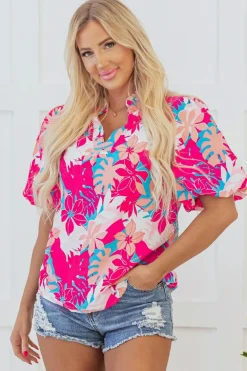 Discount Dear-Lover Tropical Plant Printed V Neck Puff Sleeve Blouse Rose