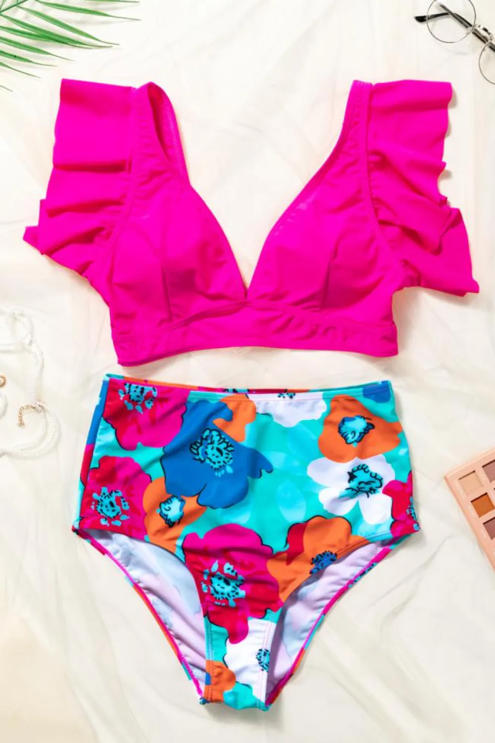 Sale Dear-Lover V Neck Ruffles Floral Print High Waist Bikini Rose