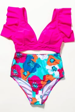 Sale Dear-Lover V Neck Ruffles Floral Print High Waist Bikini Rose