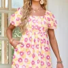 Sale Dear-Lover Vibrant Floral Square Neck Puff Sleeve Pleated Flared Midi Dress Rose