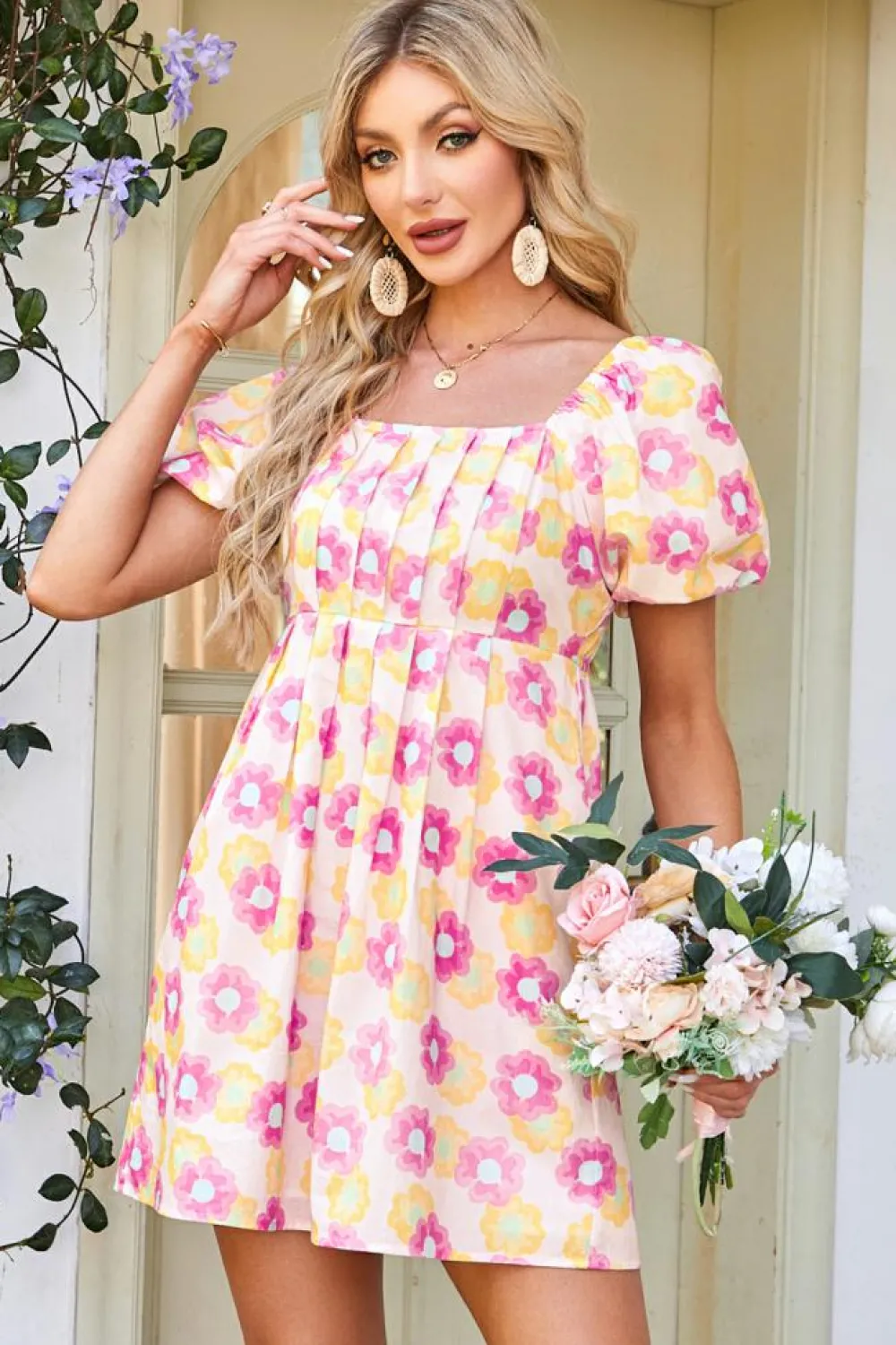 Sale Dear-Lover Vibrant Floral Square Neck Puff Sleeve Pleated Flared Midi Dress Rose