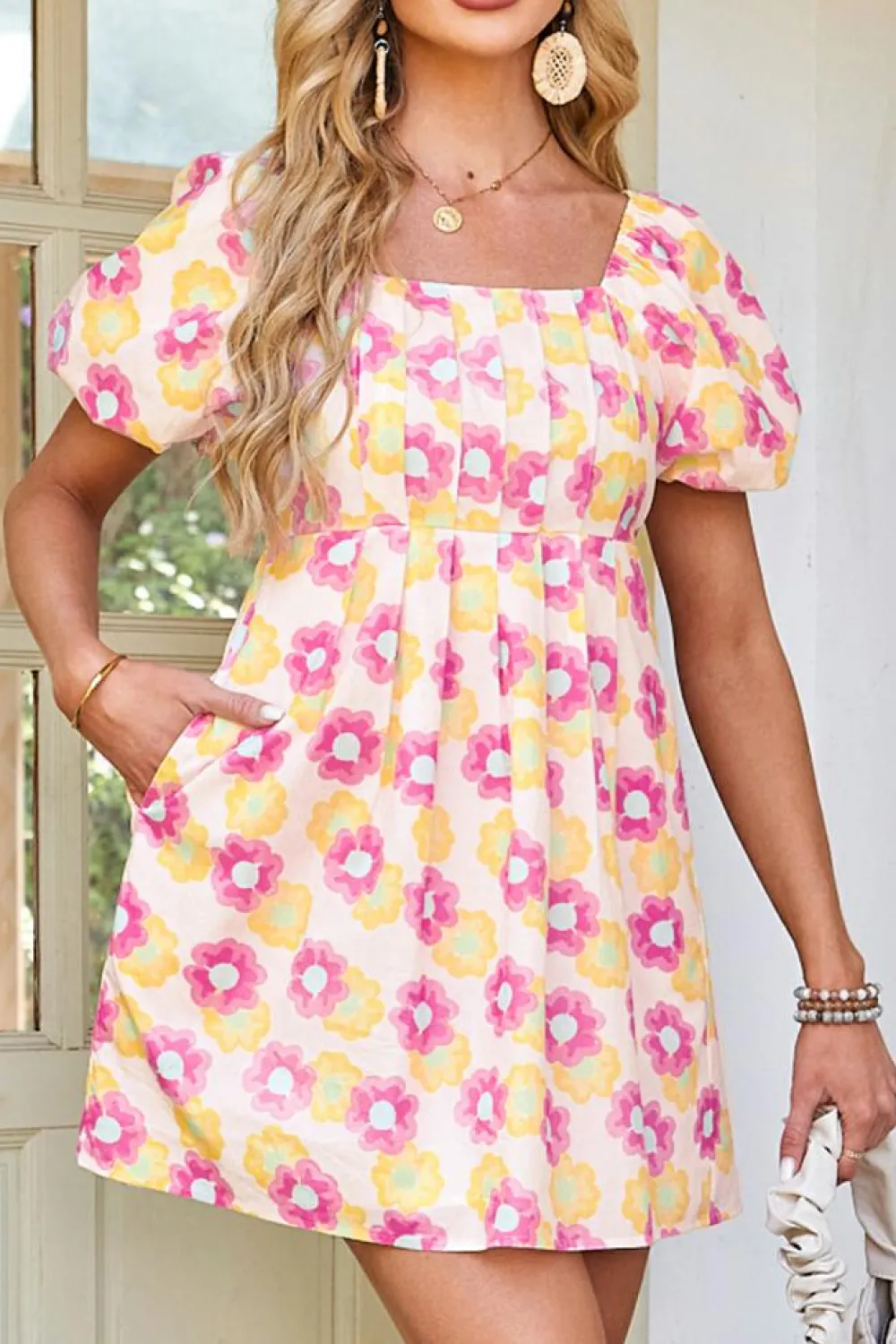 Sale Dear-Lover Vibrant Floral Square Neck Puff Sleeve Pleated Flared Midi Dress Rose