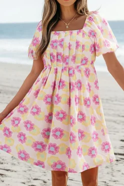 Sale Dear-Lover Vibrant Floral Square Neck Puff Sleeve Pleated Flared Midi Dress Rose