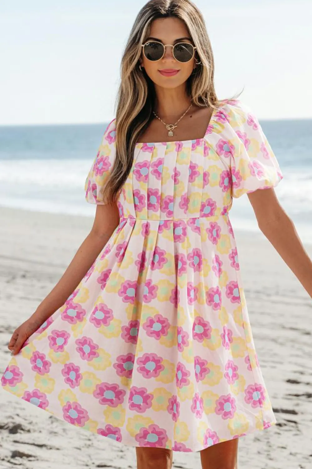 Sale Dear-Lover Vibrant Floral Square Neck Puff Sleeve Pleated Flared Midi Dress Rose