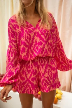 New Dear-Lover Western Aztec Geometric Print Top and Ruffled Shorts Set Rose