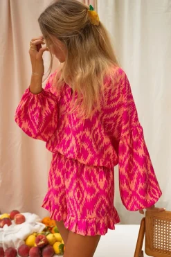 New Dear-Lover Western Aztec Geometric Print Top and Ruffled Shorts Set Rose
