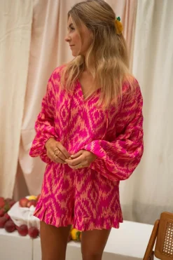 New Dear-Lover Western Aztec Geometric Print Top and Ruffled Shorts Set Rose