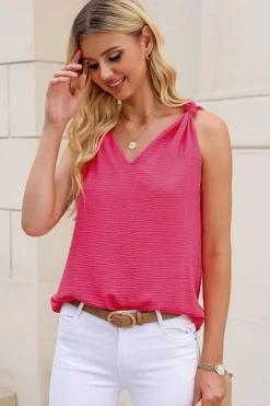 Clearance Dear-Lover White V Neck Knotted Shoulder Vest Rose