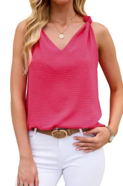Clearance Dear-Lover White V Neck Knotted Shoulder Vest Rose