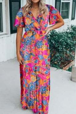 Clearance Dear-Lover Wrap V Neck Floral Maxi Dress Rose