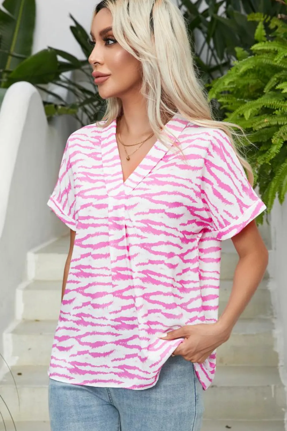 Fashion Dear-Lover Zebra Pattern V Neck Short Sleeve Blouse Rose