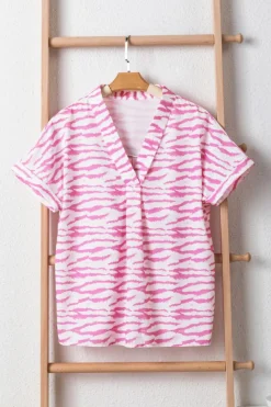 Fashion Dear-Lover Zebra Pattern V Neck Short Sleeve Blouse Rose