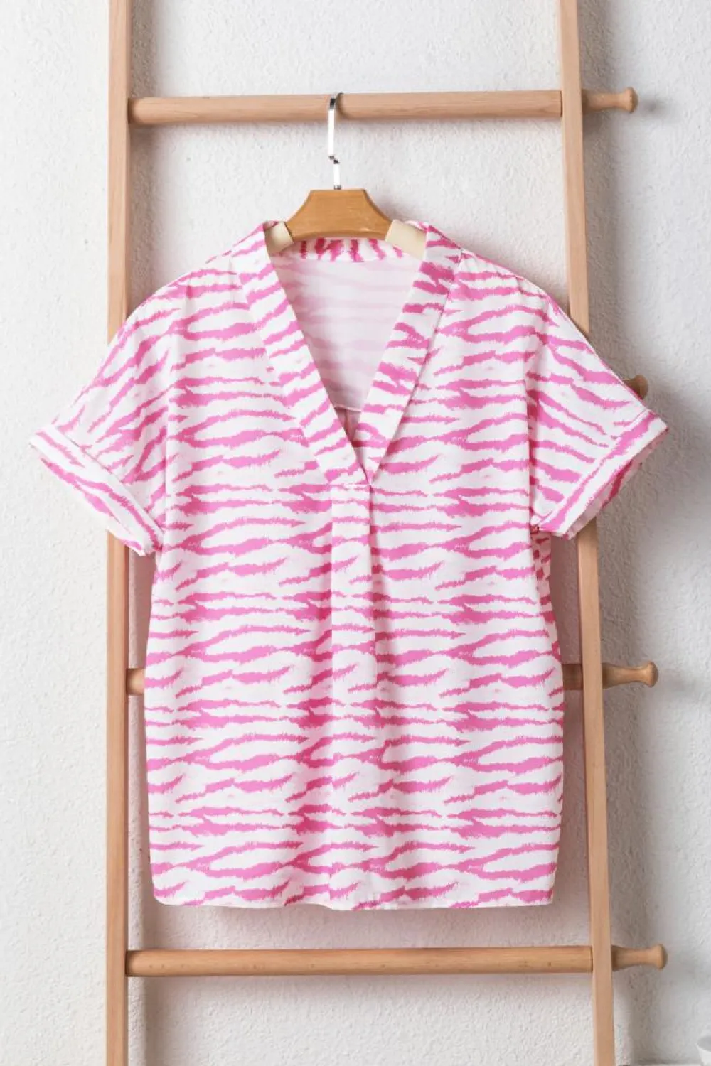 Fashion Dear-Lover Zebra Pattern V Neck Short Sleeve Blouse Rose
