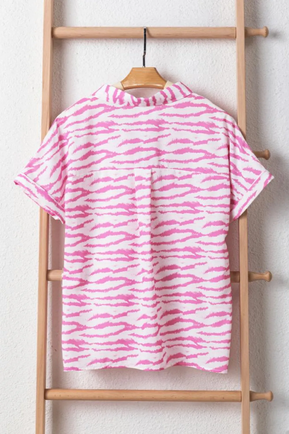 Fashion Dear-Lover Zebra Pattern V Neck Short Sleeve Blouse Rose