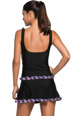 Sale Dear-Lover Ruffle Trim Active Tank Top and Skort Swimsuit Black