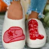 Fashion Dear-Lover Rush Western Graphic Embroidered Sherpa Home Slippers Racing Red