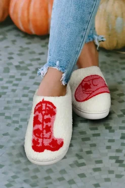 Fashion Dear-Lover Rush Western Graphic Embroidered Sherpa Home Slippers Racing Red