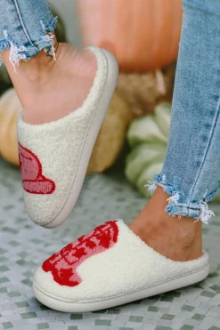 Fashion Dear-Lover Rush Western Graphic Embroidered Sherpa Home Slippers Racing Red