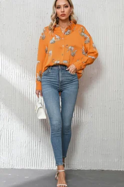 Discount Dear-Lover Cheetah Animal Print Button Up Satin Shirt Russet Orange