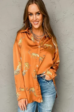 Discount Dear-Lover Cheetah Animal Print Button Up Satin Shirt Russet Orange
